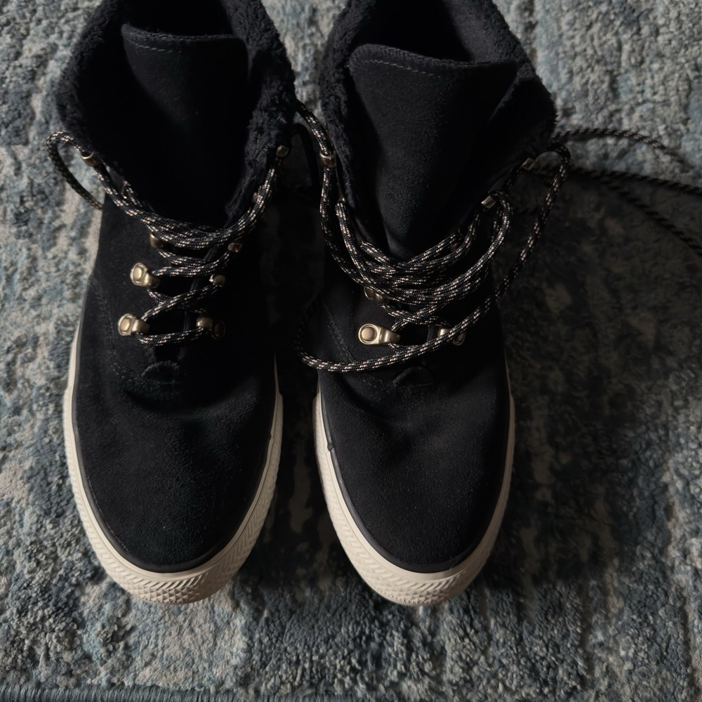 Converse Womens Black Suede Lace Up Booties Size 10 Hi Tops Faux Fur Lined